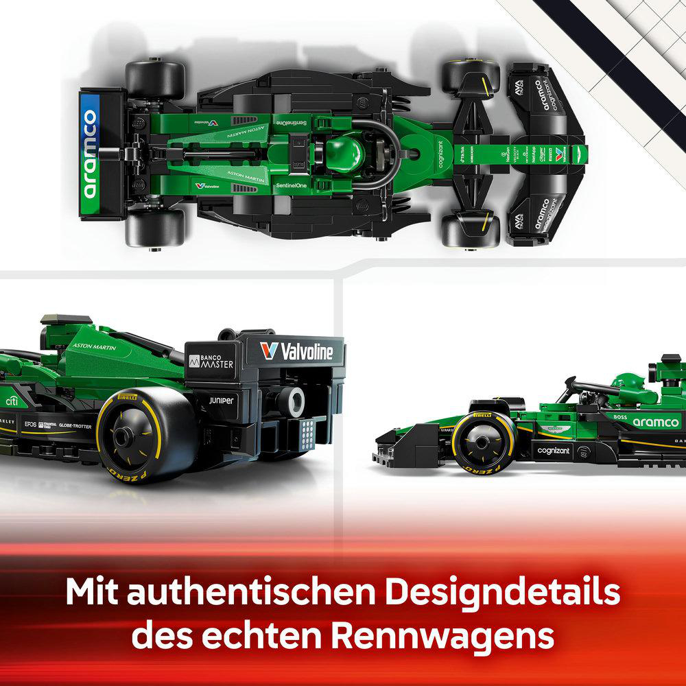 Bilder eines grünen Formel-1-Rennwagen-LEGO-Modells. Mehrere Ansichten, schwarz und weiß.