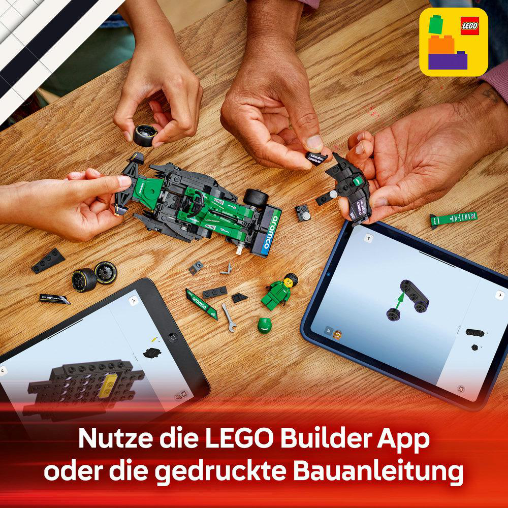 Ein LEGO-Set mit zwei Personen, die ein Auto mit einem Tablet bauen.