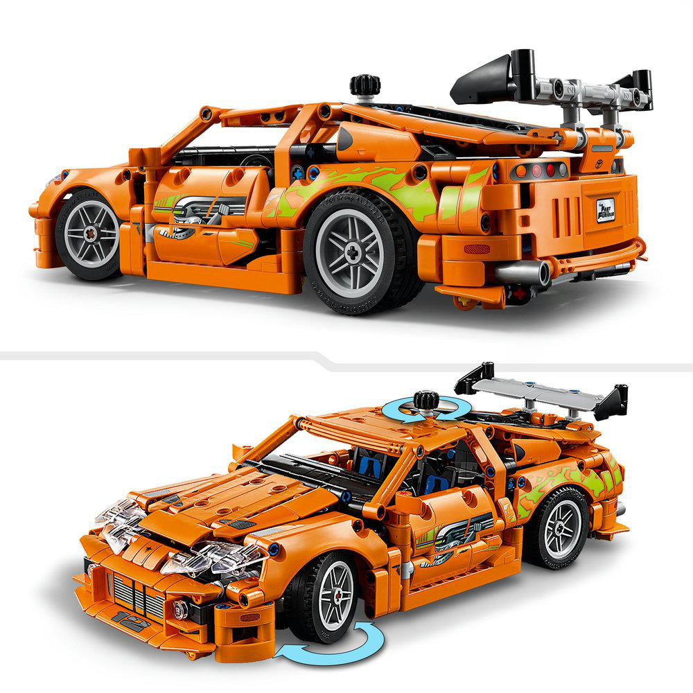 Orangenes Lego-Rennauto, mit zwei Ansichten, die verschiedene Winkel zeigen.