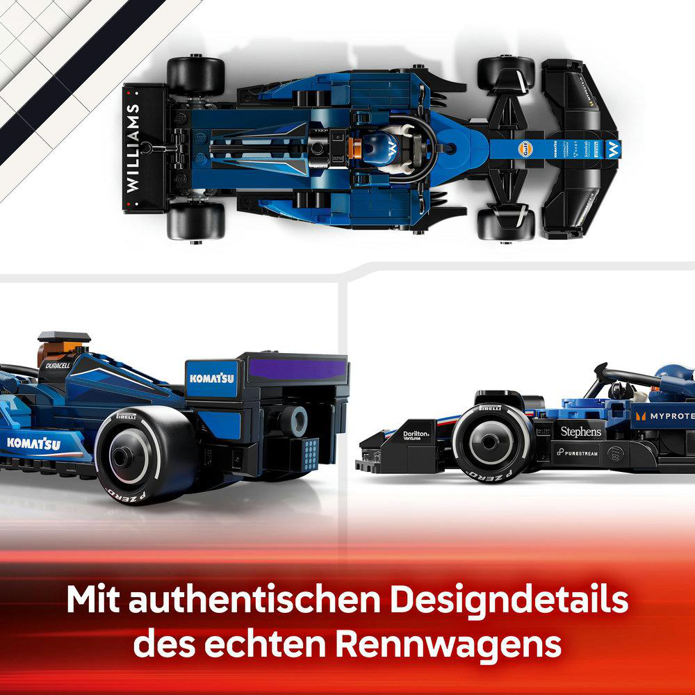 Lego-Modell eines blauen Rennwagens, mit sichtbaren Details. Das Auto ist aus verschiedenen Winkeln.