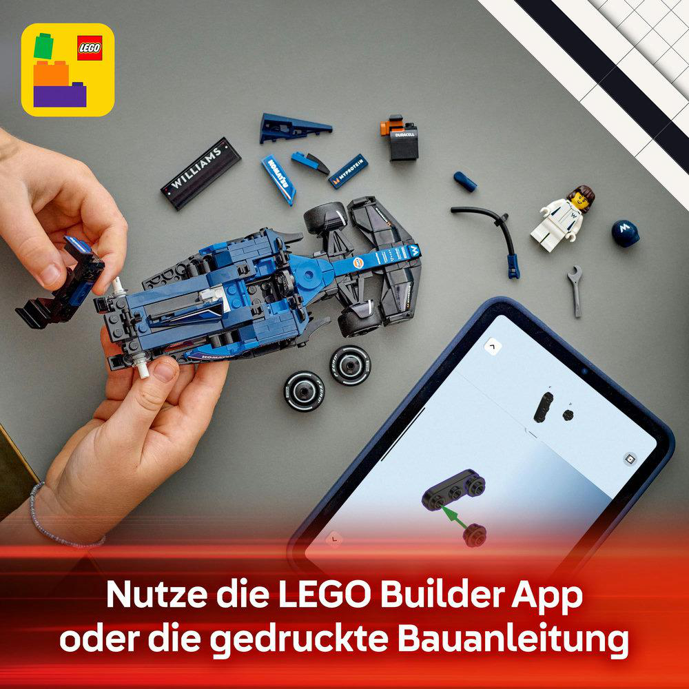 Ein Mädchen benutzt ein Tablet, um ein blaues Rennwagen-LEGO-Modell zu bauen. Das Tablet zeigt die Anweisungen.