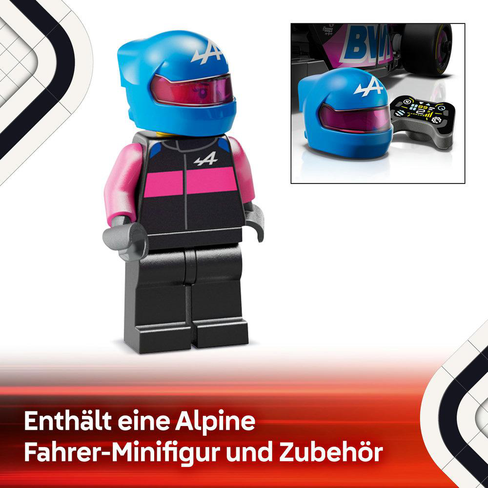 Eine Lego-Figur eines Rennfahrers mit blauem Helm und pinkem Anzug.