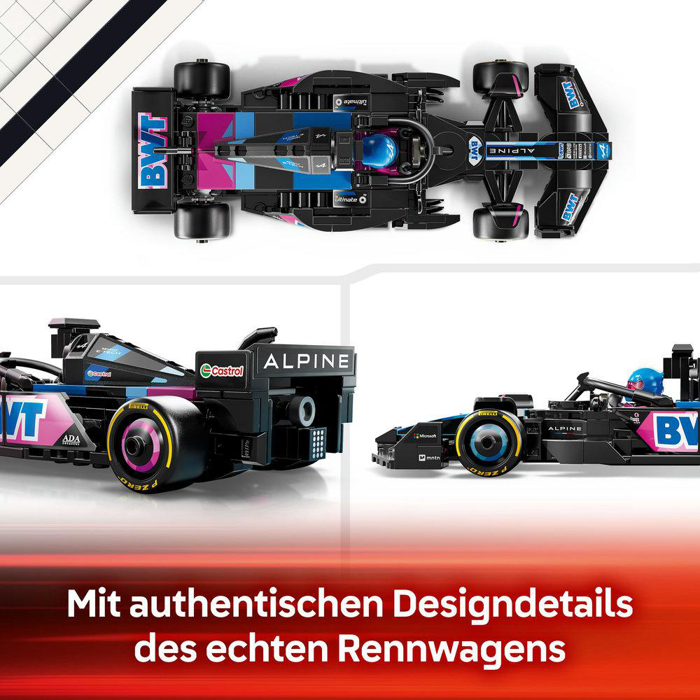 Lego-Rennwagenmodelle, schwarz und blau. Text auf Deutsch: 'Mit authentischen Design...'.