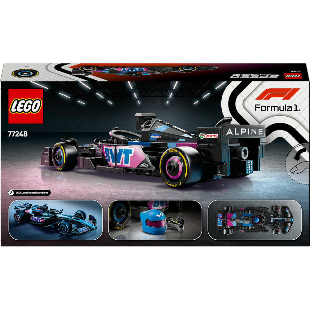 LEGO Alpine Formel 1 Auto Box, schwarz und blau, mit dem Automodell und Details gezeigt.