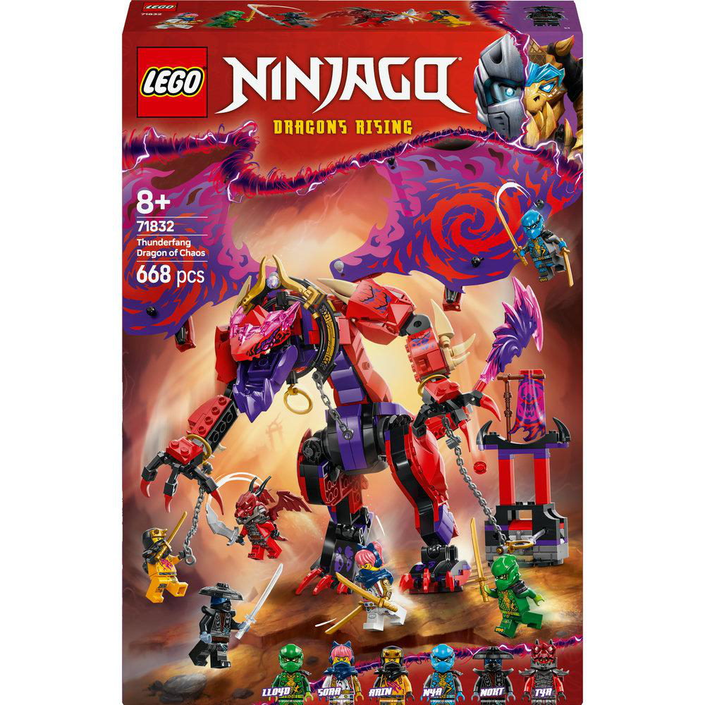 LEGO Ninjago Thunderfang Drache des Chaos Set Box, mit Drachen- und Ninja-Figuren.