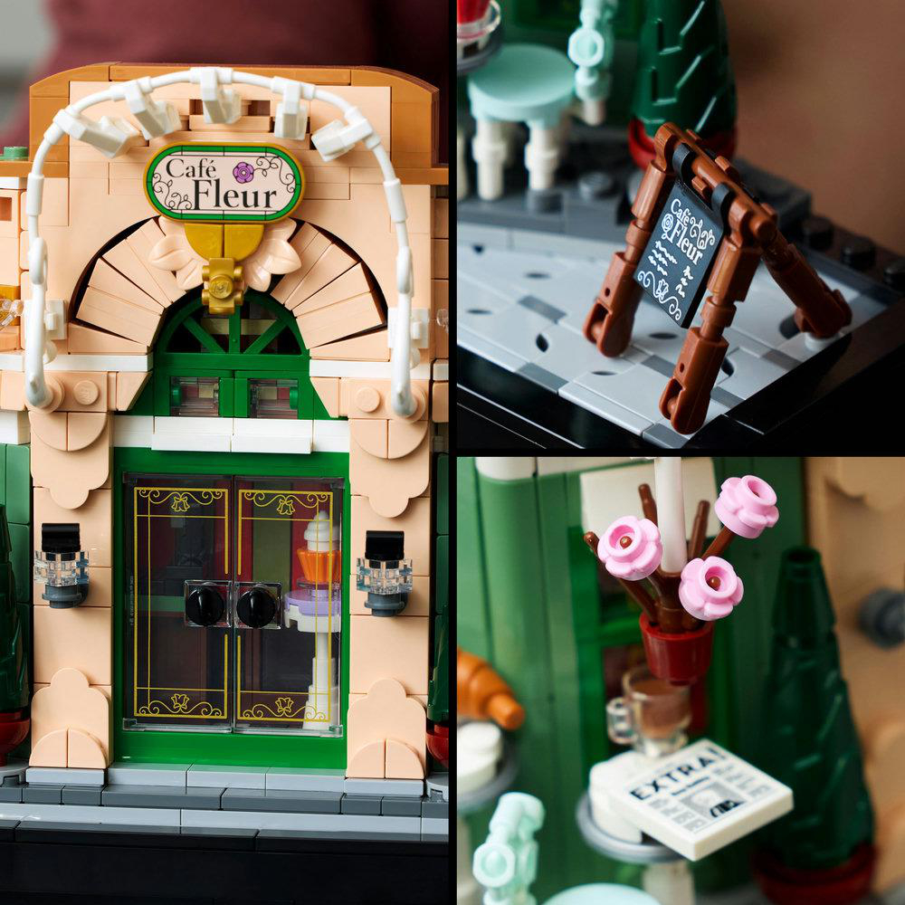 Eine Collage von LEGO-Café-Szenen: Café-Fassade, ein Schild, eine Szene mit Blumen und einer Speisekarte.
