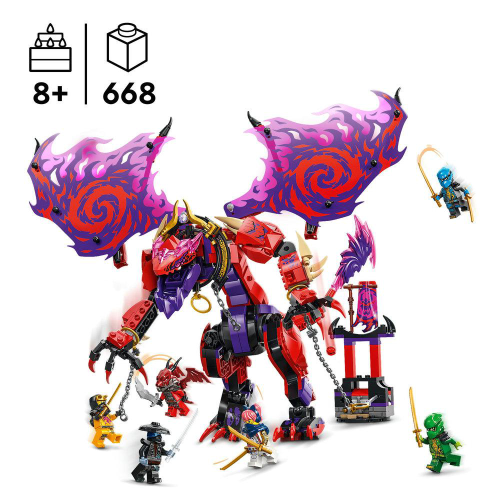 Ein Lego Ninjago Drachen-Set mit Minifiguren, Drachen und einer turmartigen Struktur.