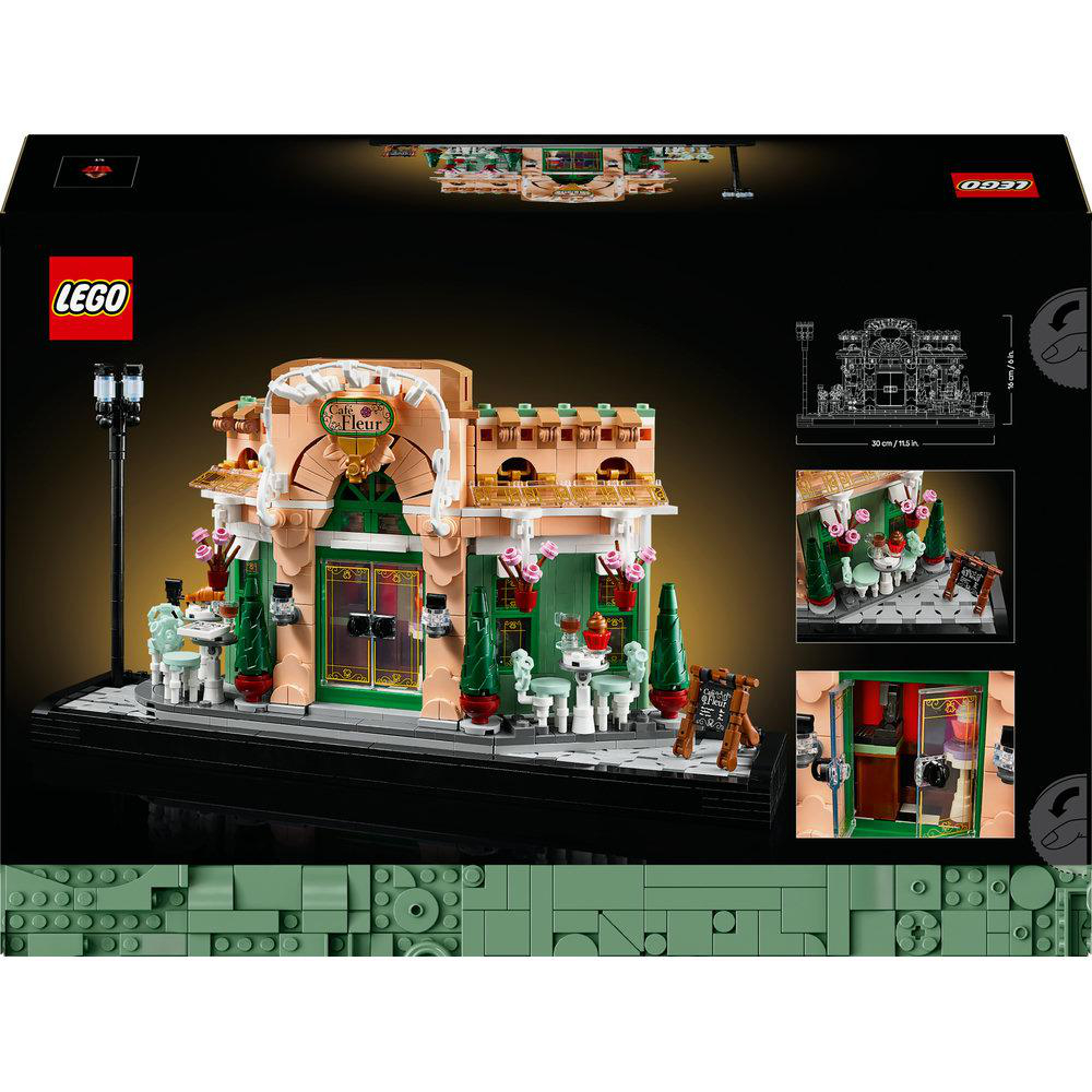 Lego-Set-Box mit einem Café, detaillierter Illustration und kleinem Einsatz.