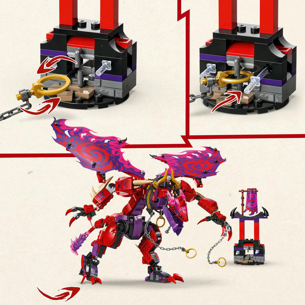 LEGO-Set mit einem Drachen. Rote, lila und schwarze Farben. Ein Schlüssel und ein kleiner Turm.