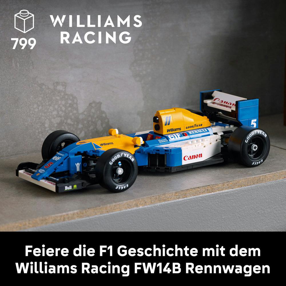 Ein Lego Williams Racing F1-Automodell auf einem Regal, mit Text über die Feier der F1-Geschichte.