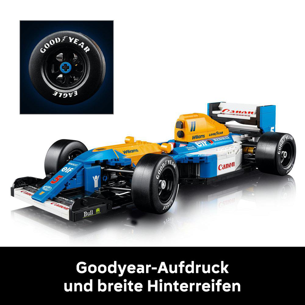 Lego Formel 1 Auto, blau und gelb, mit Goodyear Reifen.