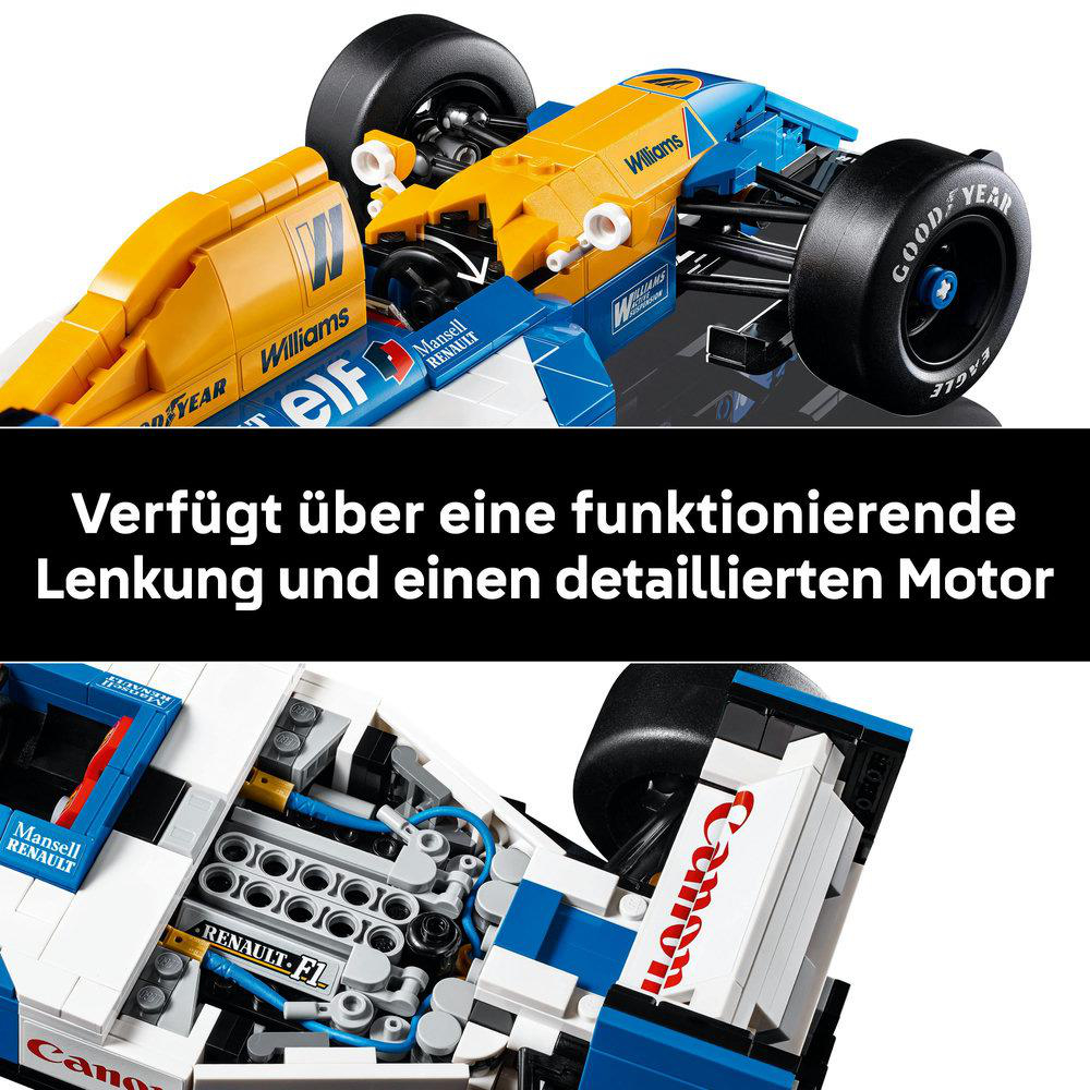 Lego Formel 1-Auto mit detailliertem Motor, blau und gelb. Text: 'Renault' und 'Williams'.