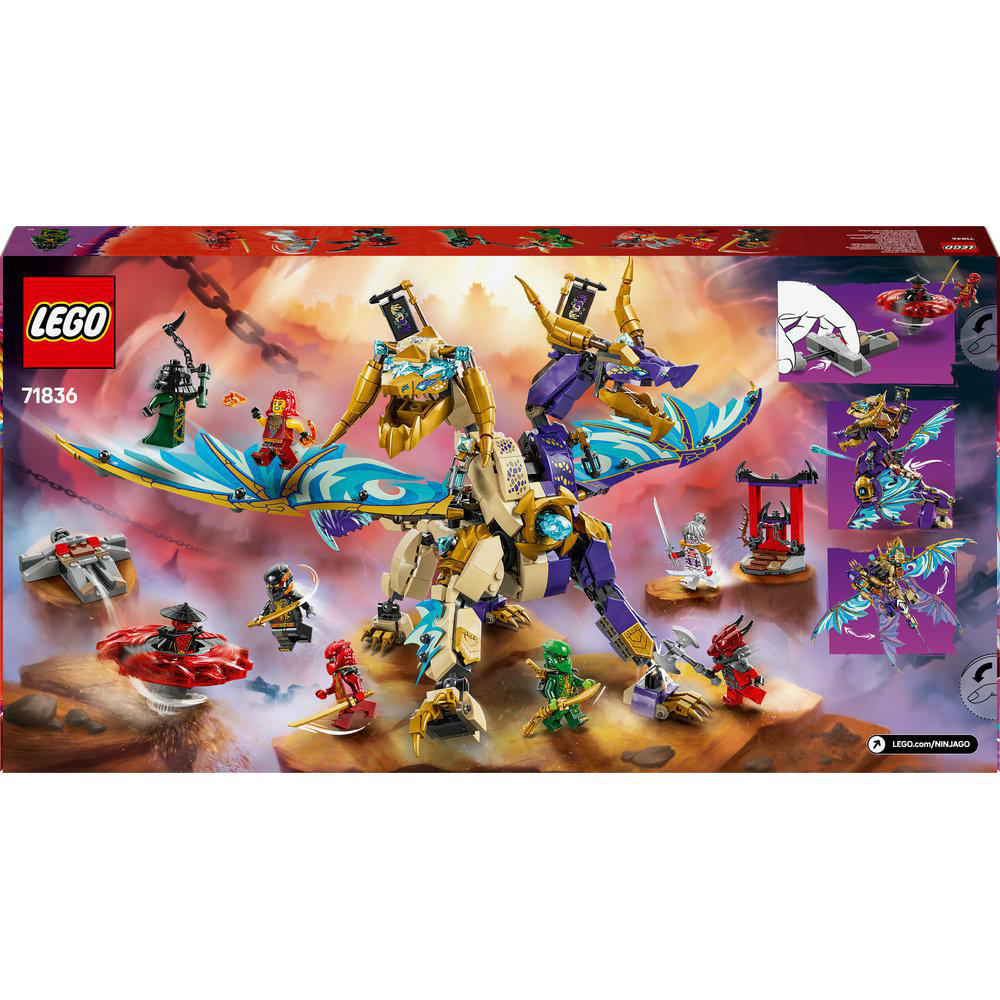 LEGO Ninjago Set-Box, zeigt einen Drachen mit mehreren Ninjago-Figuren und Strukturen.