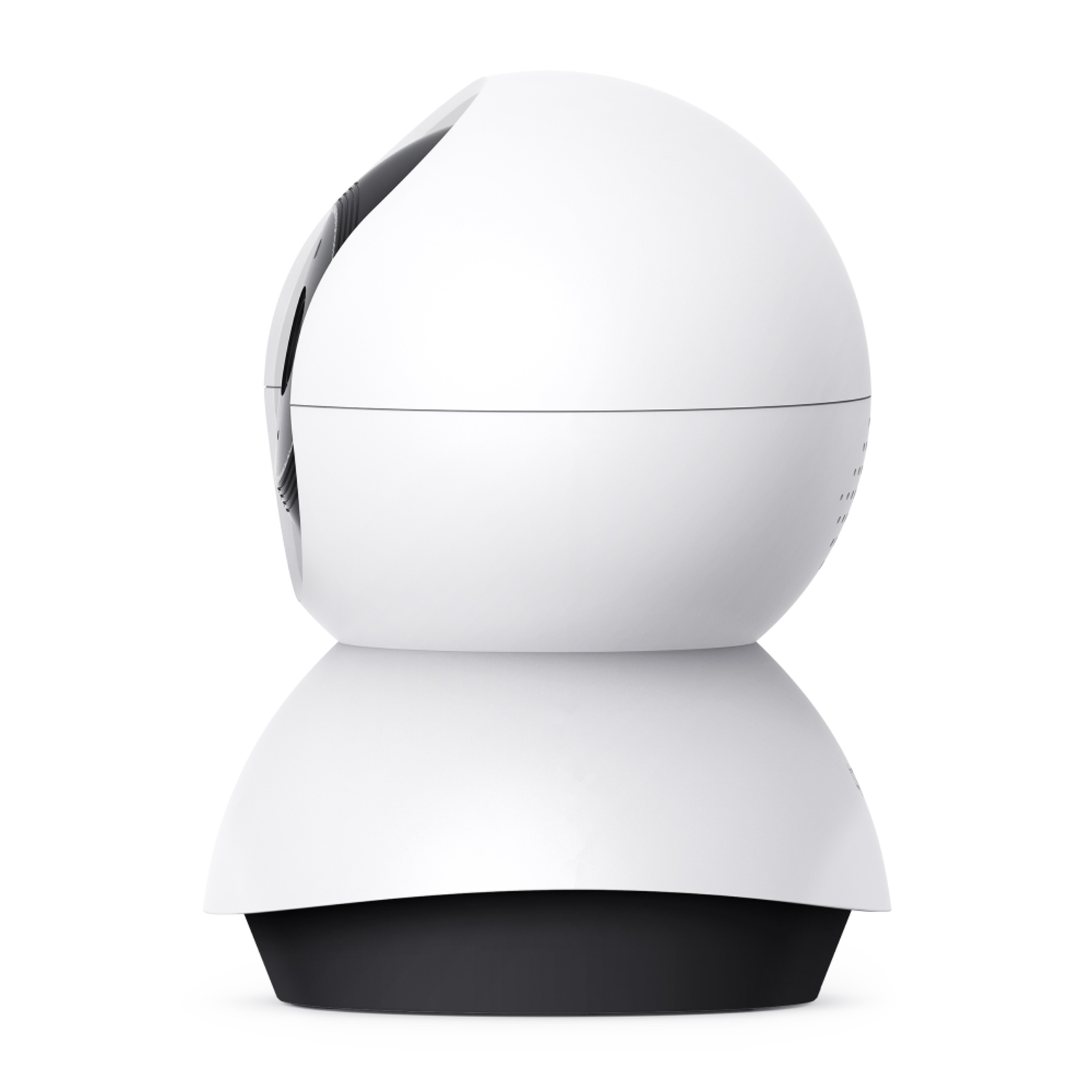 White security camera, side view, with a black base, isolated on a white background.