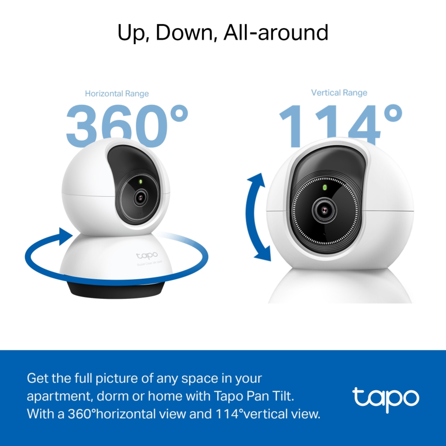 White security camera with 360° horizontal view and 114° vertical view.