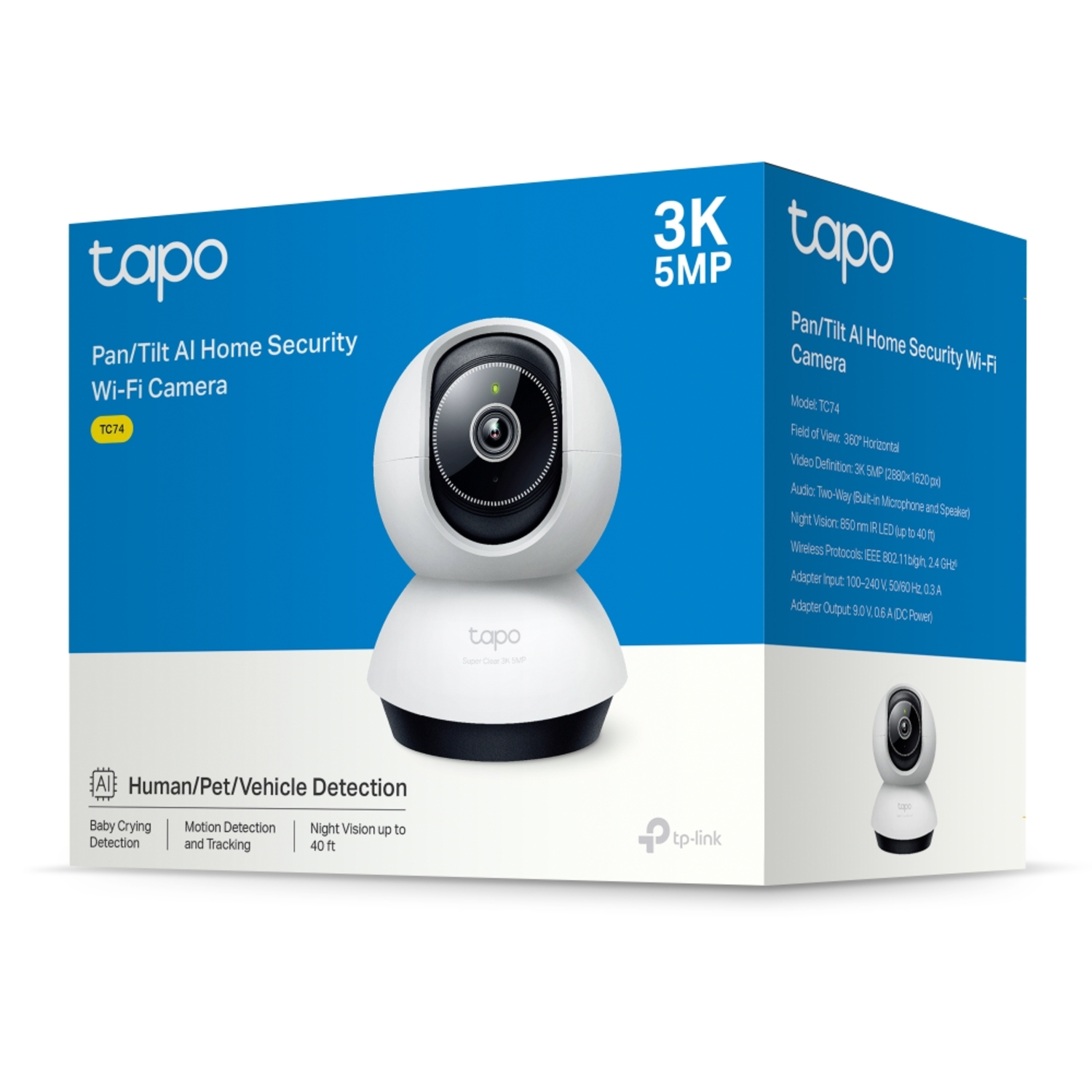 A white Tapo security camera on a box with product information.