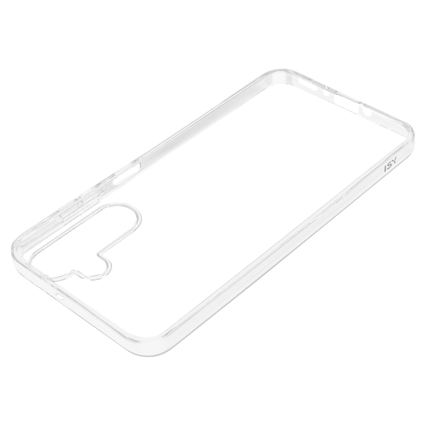 Een transparante telefoonhoes met een grijs frame op een zwart oppervlak.