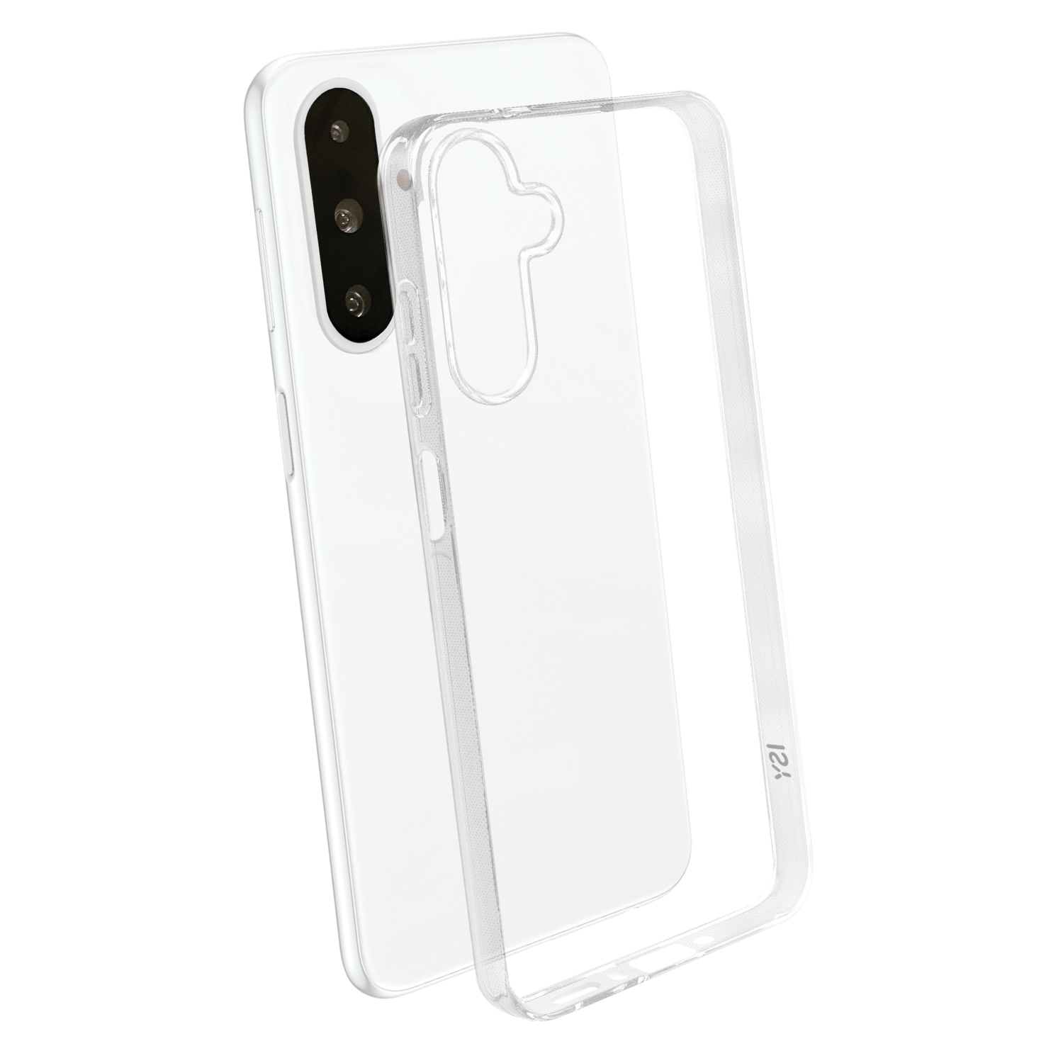 Een transparante telefoonhoes over een witte telefoon, op een zwarte achtergrond.