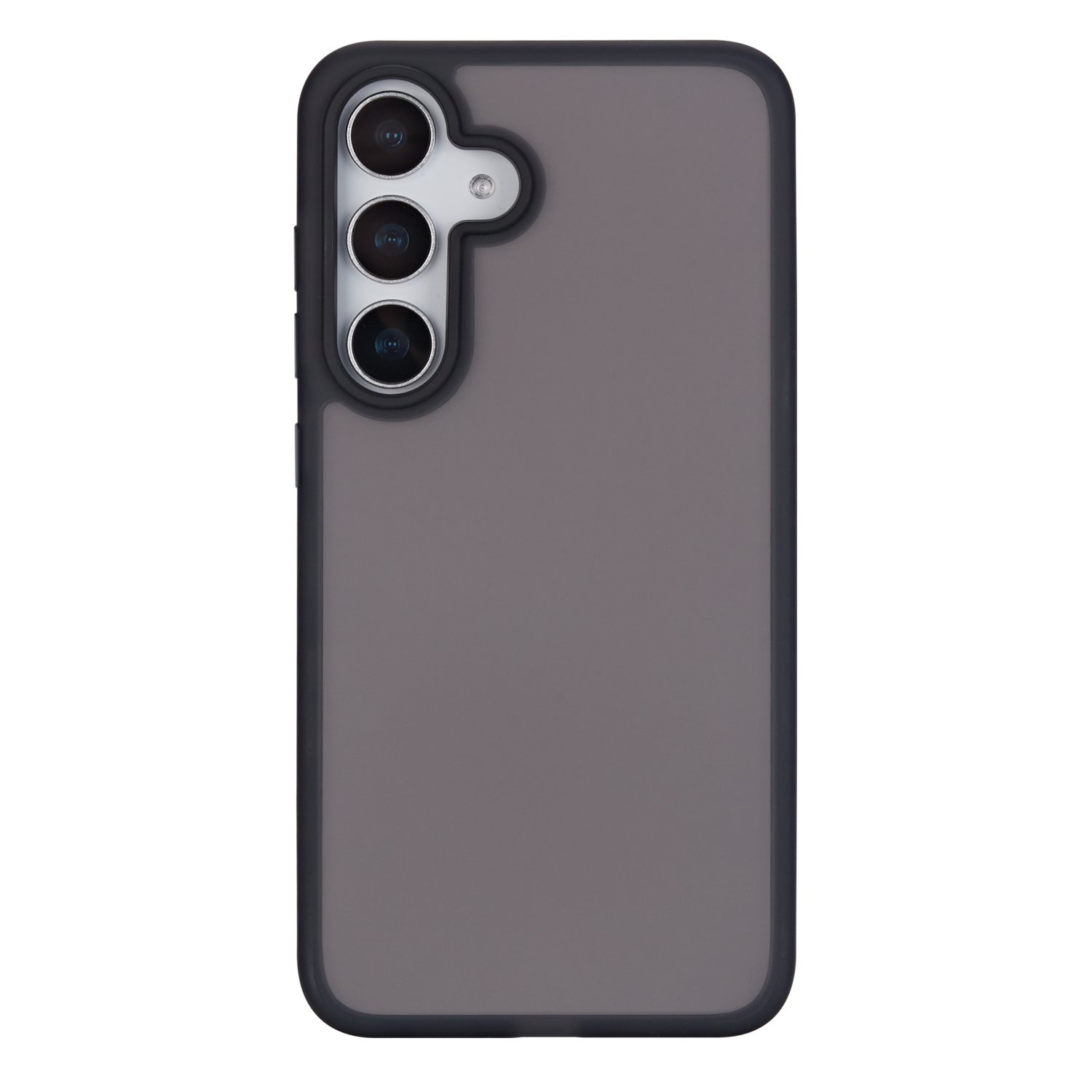 Donkergrijze telefoonhoes met drie cameralenzen. Zwart frame, op zwarte achtergrond.
