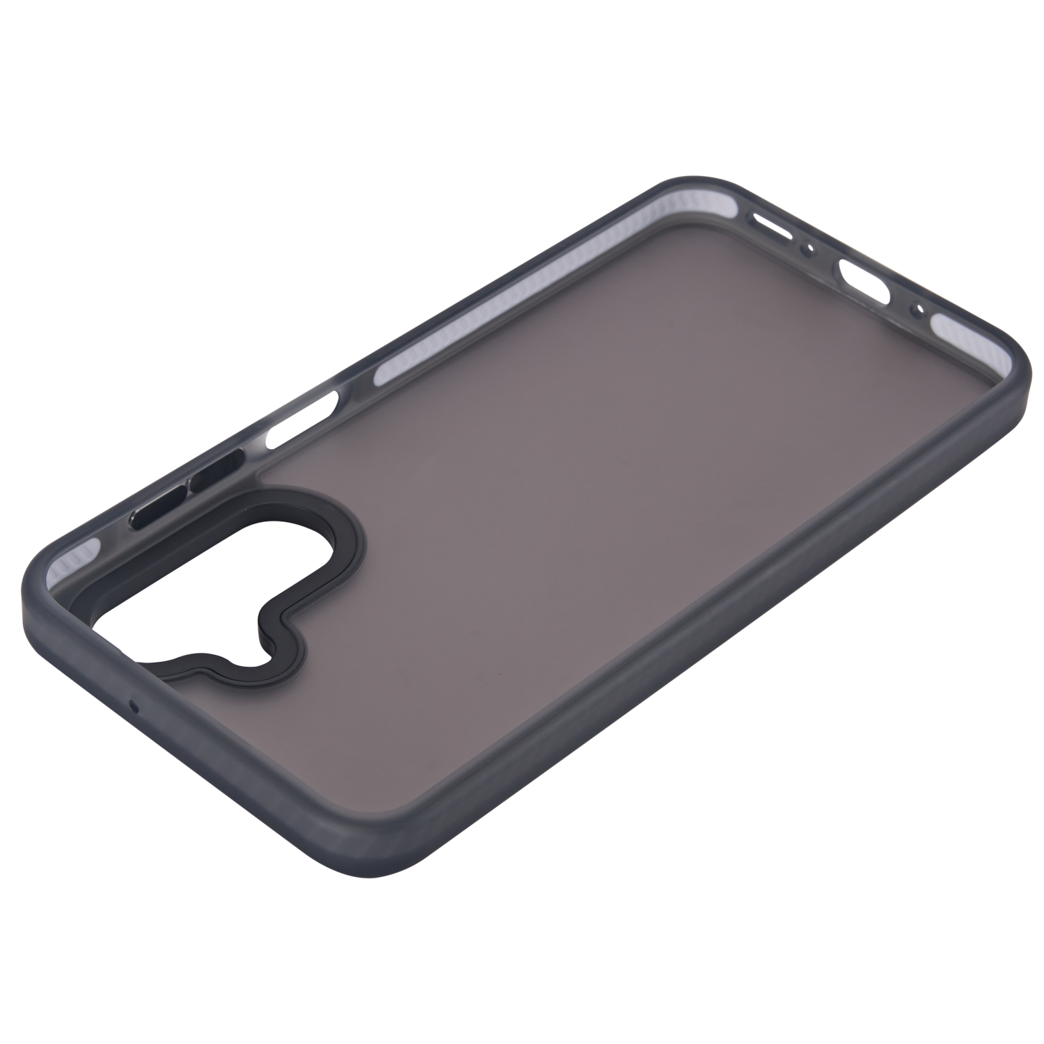 Een zwarte telefoonhoes, schuin, met een helder, transparant midden, op een zwarte achtergrond.