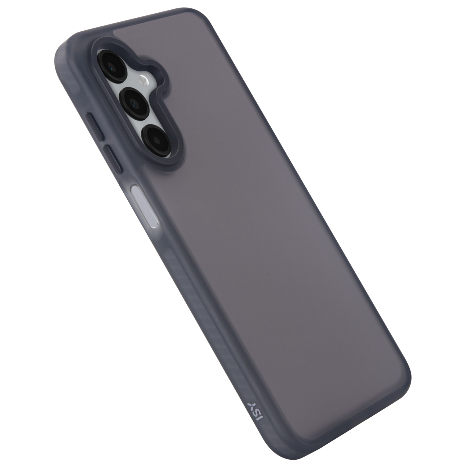 Een donkergrijze telefoonhoes met een donkere achtergrond.