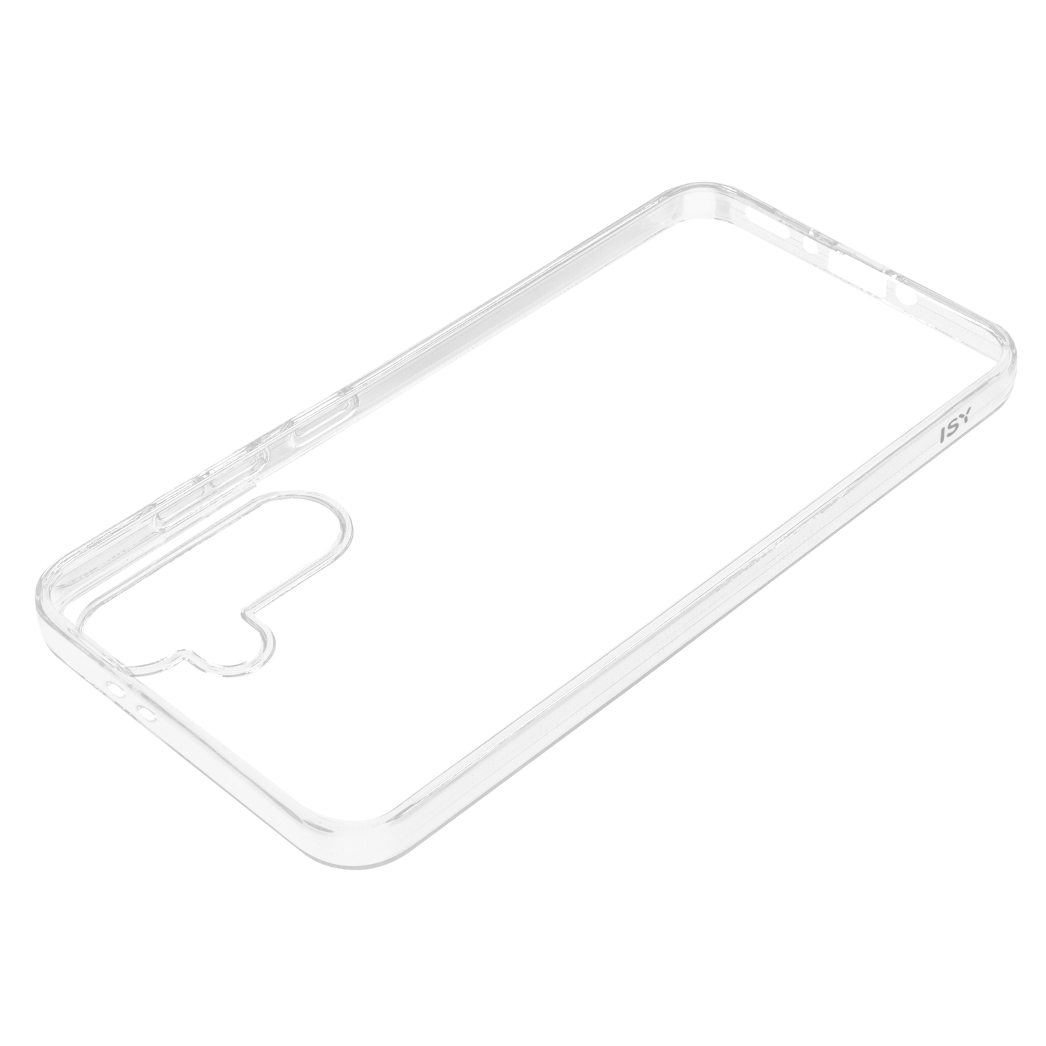 Transparante telefoonhoes, die de vorm en openingen voor een telefoon laat zien.
