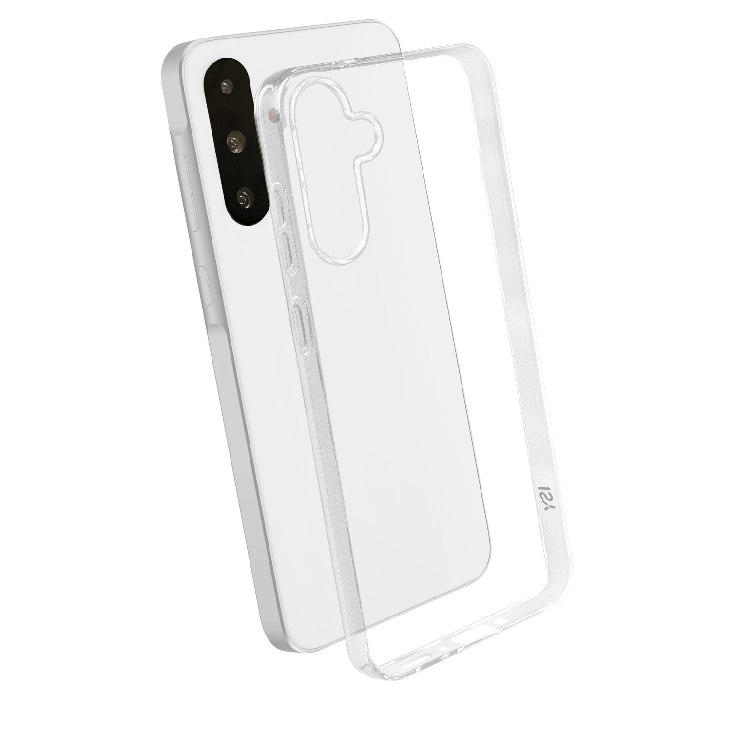 Witte telefoon met een doorzichtige telefoonhoes op een zwarte achtergrond. De hoes is transparant.