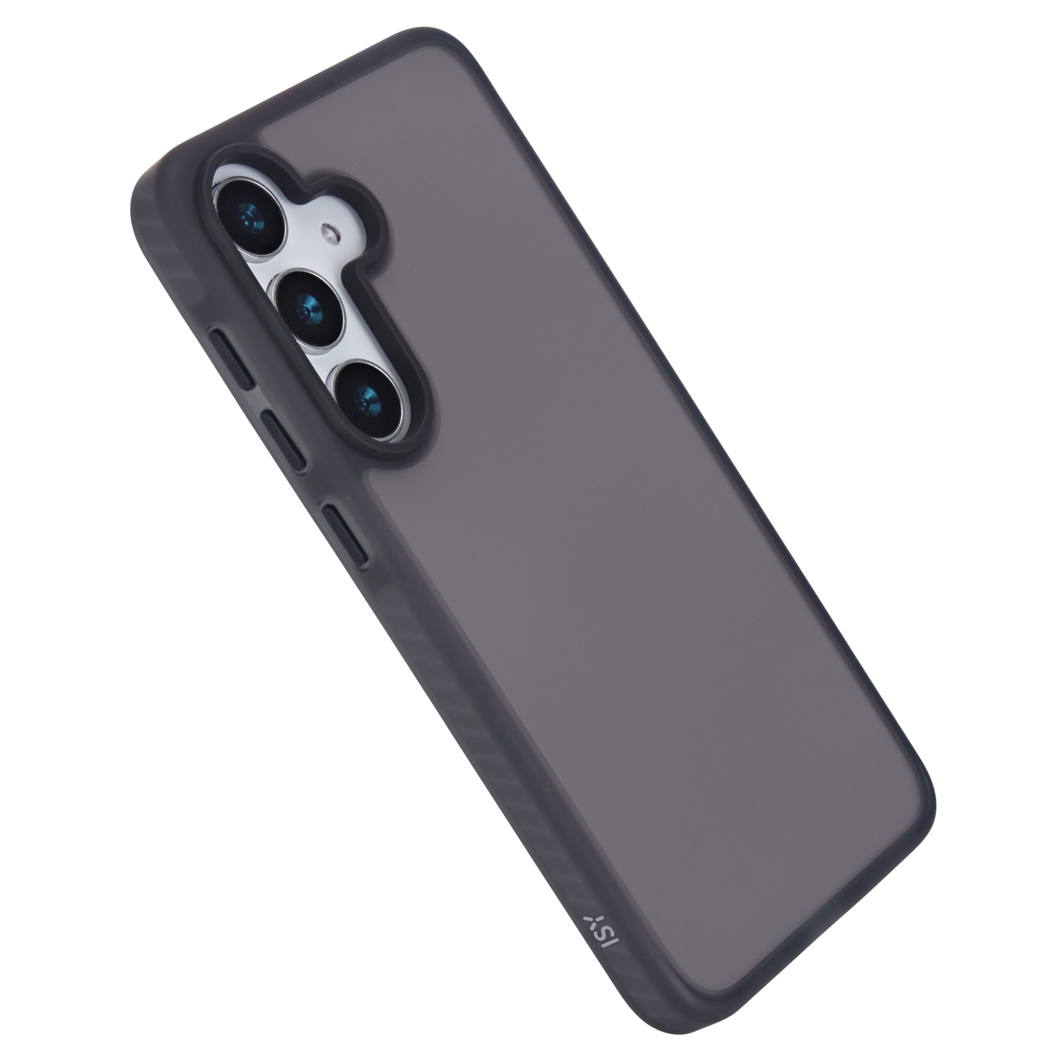 De achterkant van een telefoon in een grijze hoes. Drievoudige camera zichtbaar.