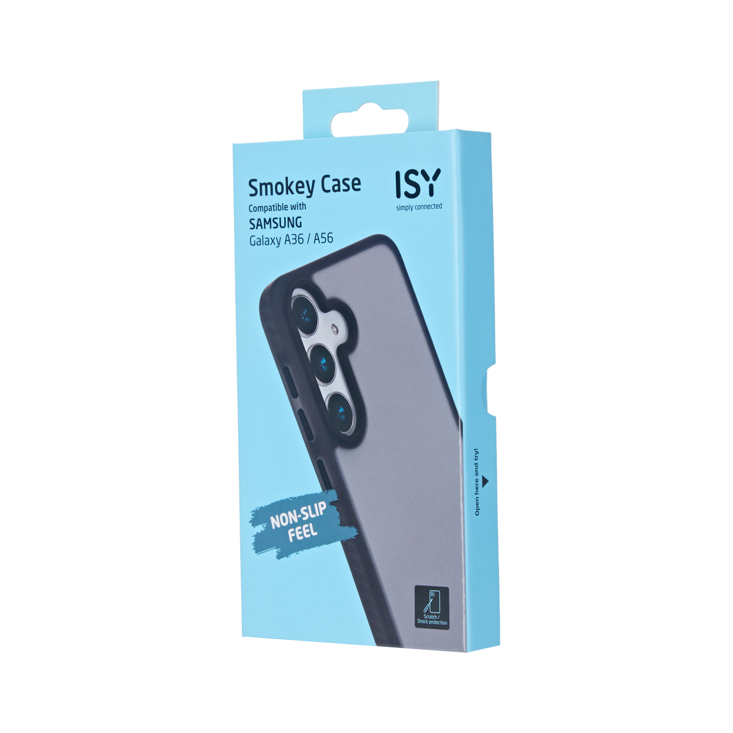 Een blauw-grijze telefoonhoesjesdoos met de merknaam Smokey Case.