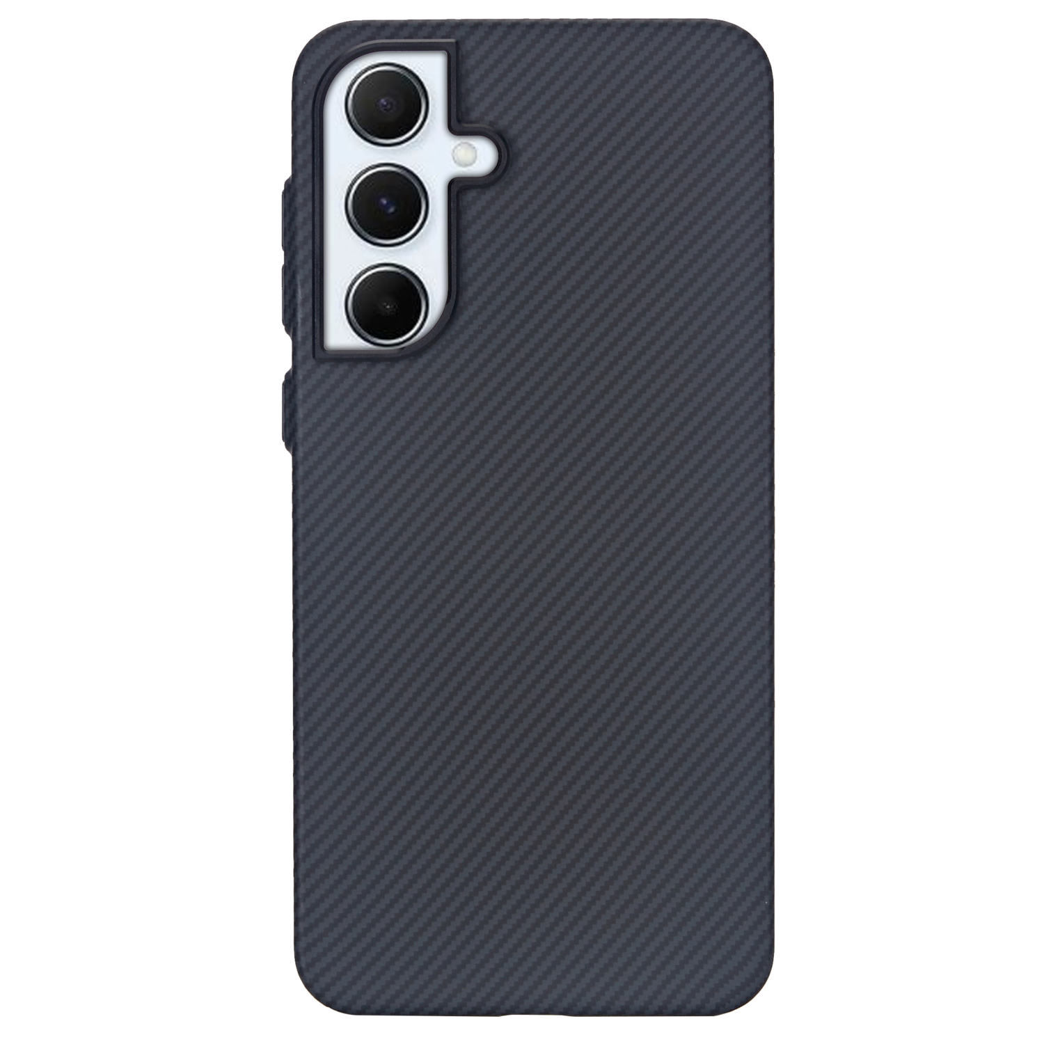 Donkerblauwe telefoonhoes, drie cameralenzen.