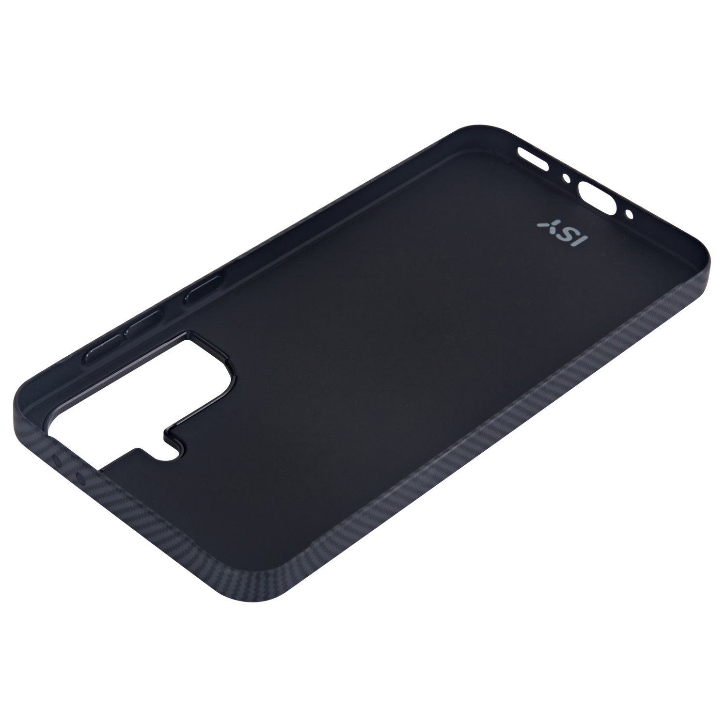 Een zwarte telefoonhoes met een getextureerde buitenkant en de tekst 'xSI' aan de binnenkant.