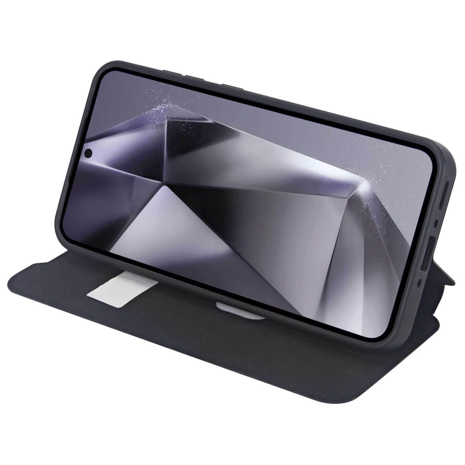 Smartphone in donkergrijze hoes, openliggend. Scherm toont abstracte, geometrische afbeelding.