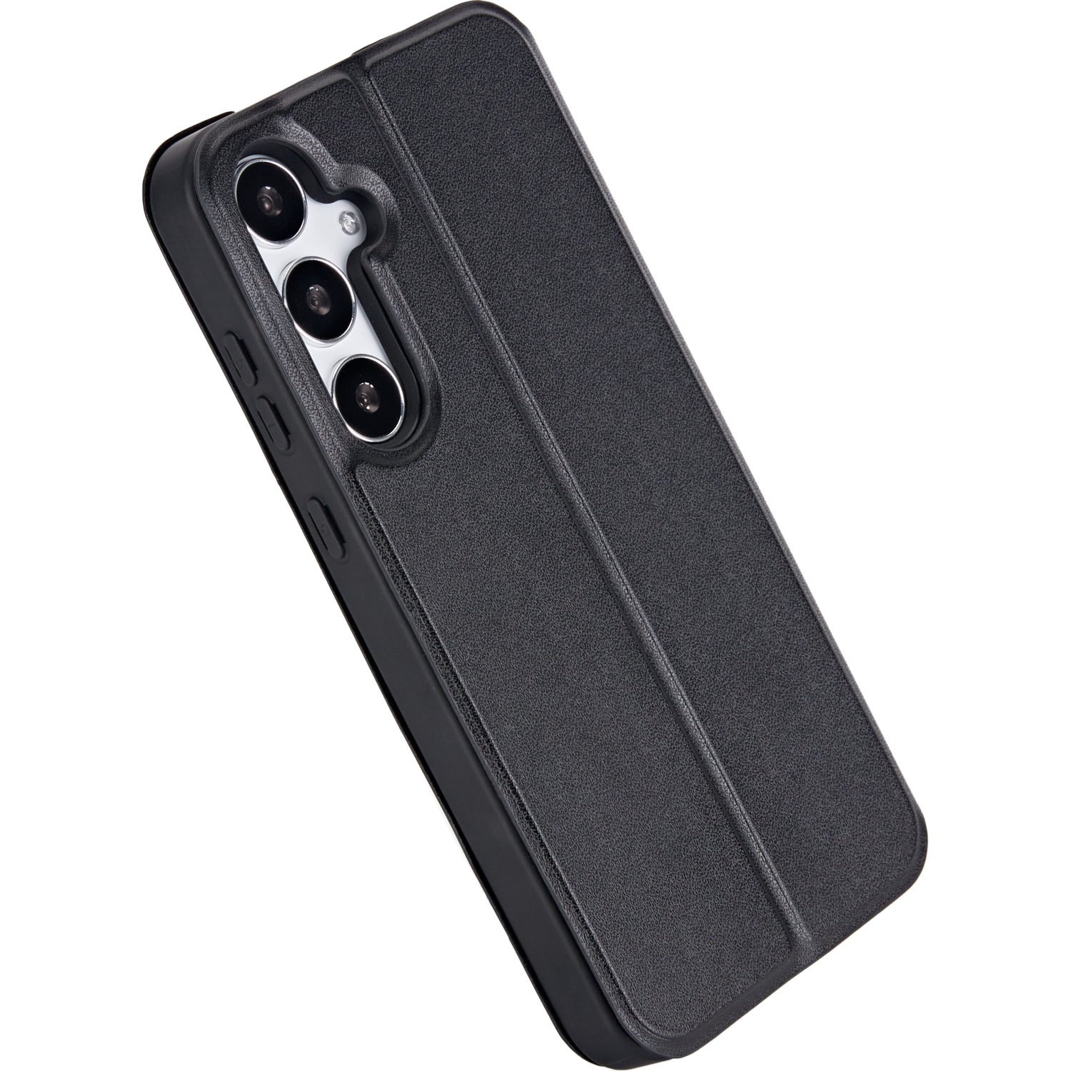 Zwarte telefoonhoes met een cover. De telefoon heeft drie camera's. De achtergrond is donker.