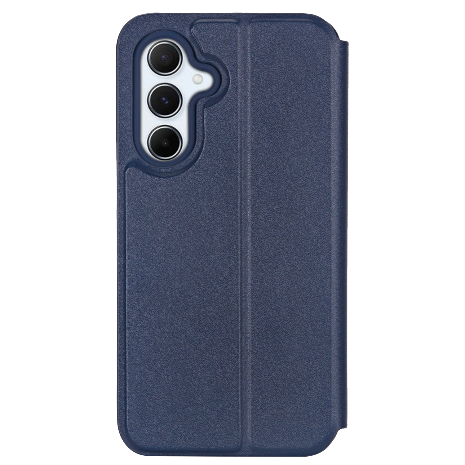 Een blauwe telefoonhoes met een voorklep en een camera met drie lenzen.