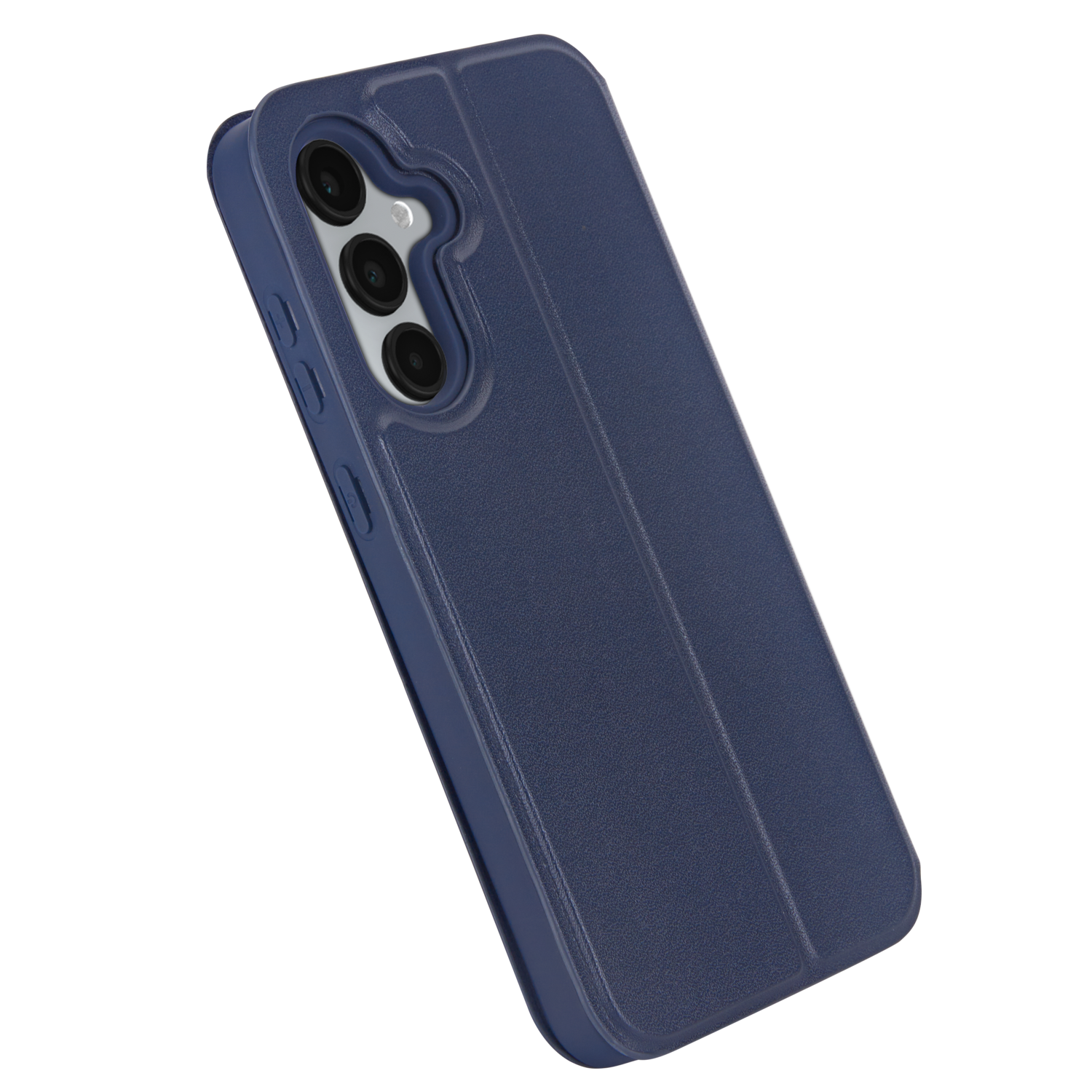Blauwe telefoonhoes met drie cameralenzen op zwarte achtergrond.