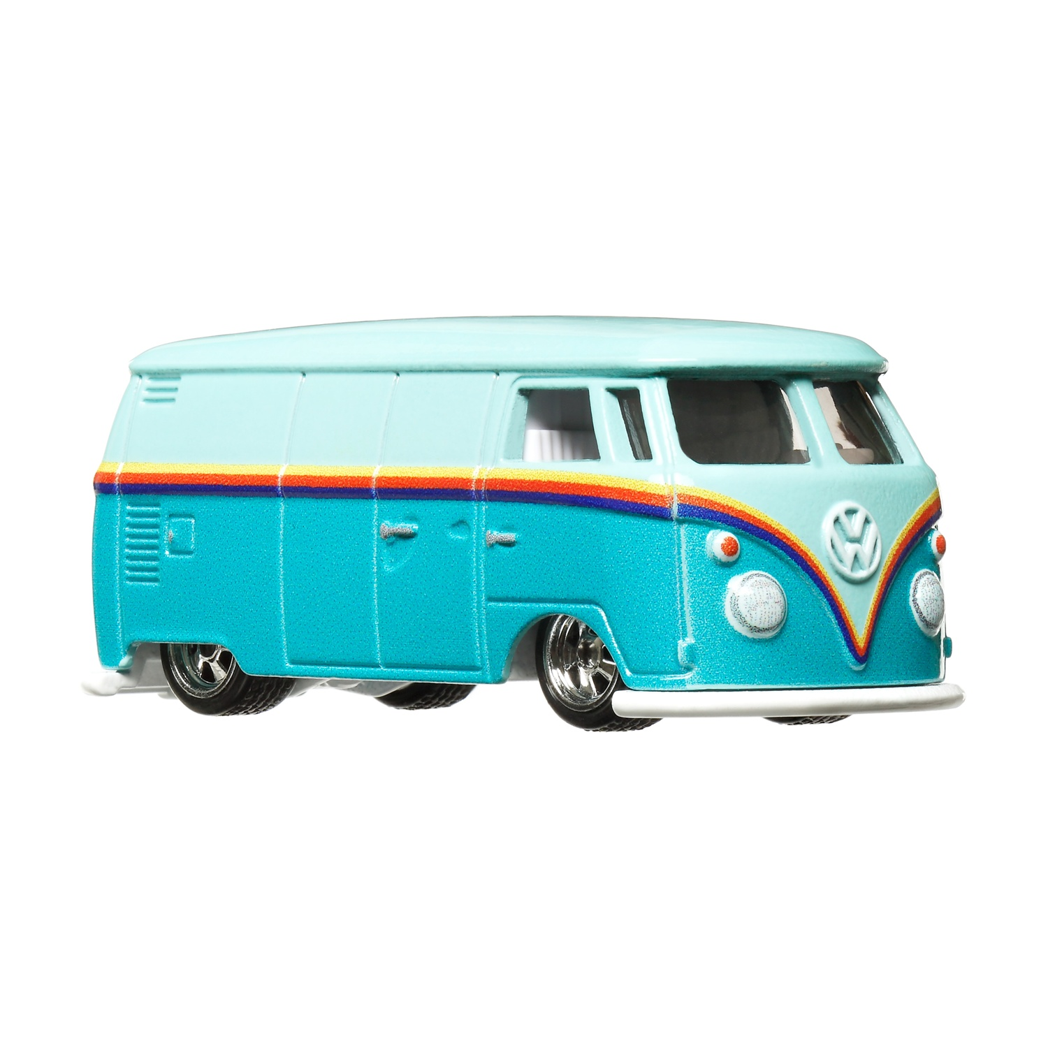 Un furgone Volkswagen azzurro e bianco con una striscia arcobaleno sul lato.