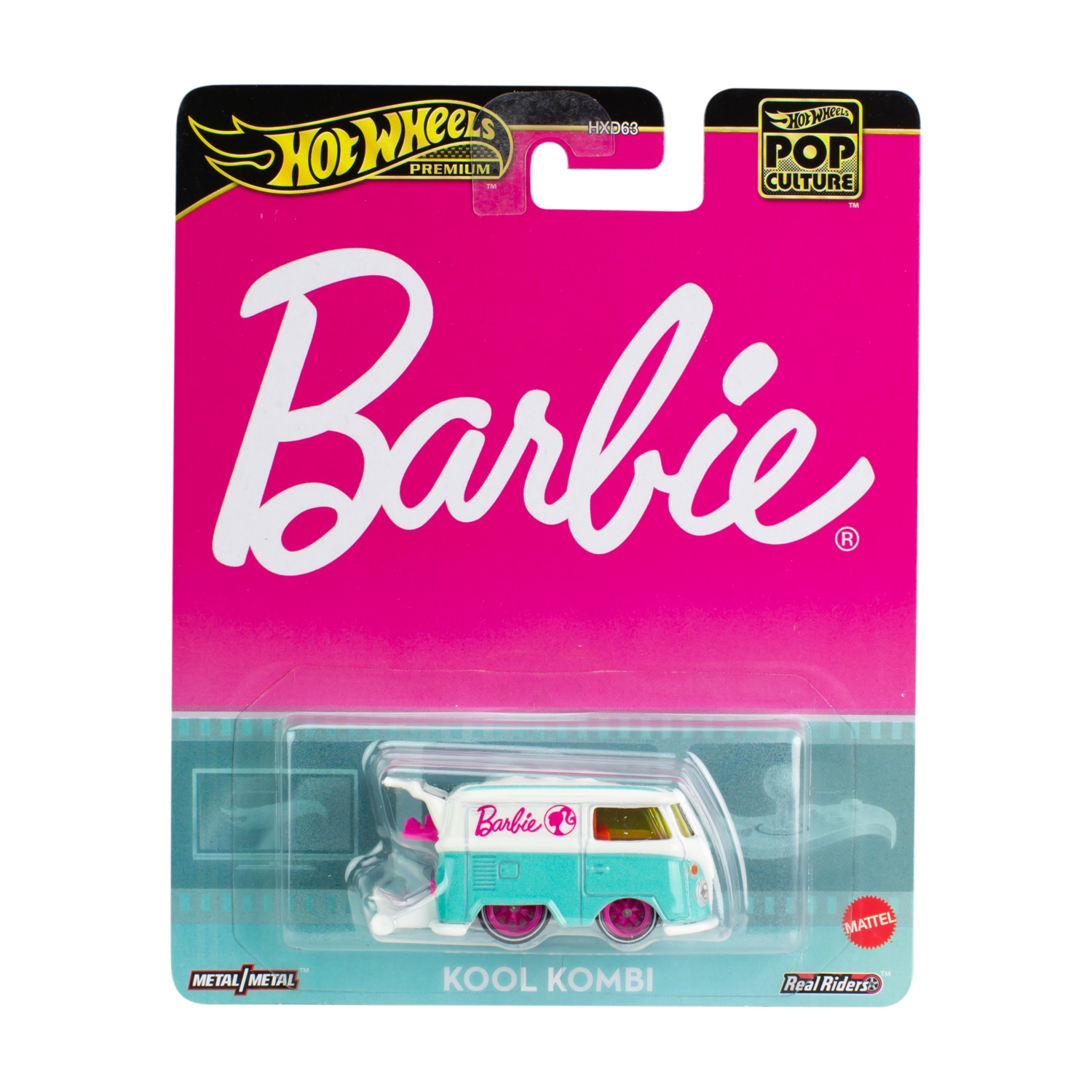 Macchinina Barbie Kool Kombi in una scatola. L'auto è un furgone bianco e verde acqua con ruote rosa.