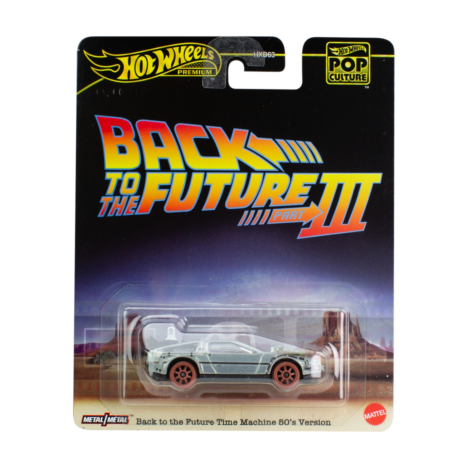 Macchina giocattolo Hot Wheels Ritorno al Futuro III su una carta nera e gialla.