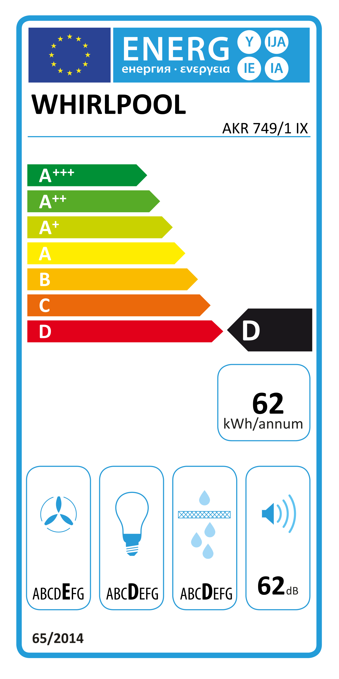 Whirlpool energia cimke. D energiaosztály, 62 kWh/év, 62dB zajszint.