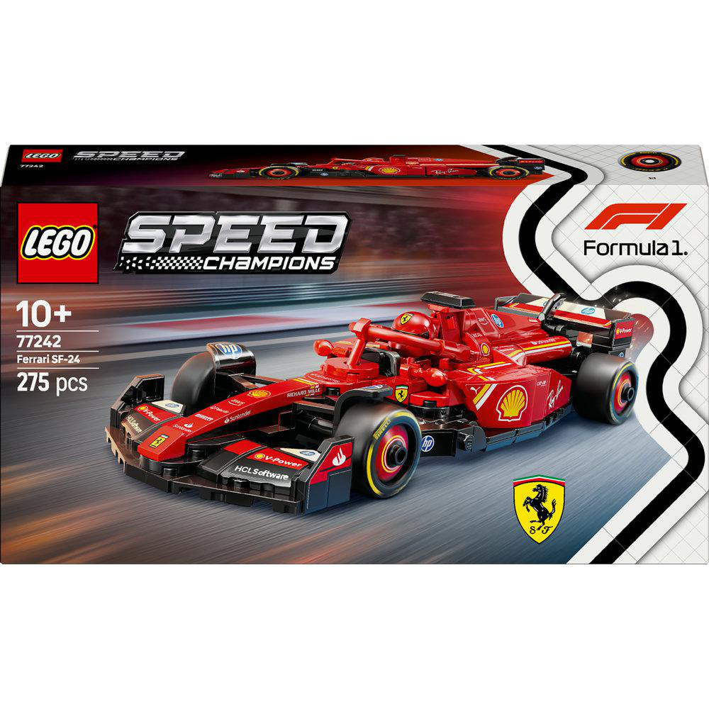 Roter Lego Ferrari SF-24 Rennwagen auf einer weißen Schachtel. Die Schachtel hat das Lego Speed Champions Logo.