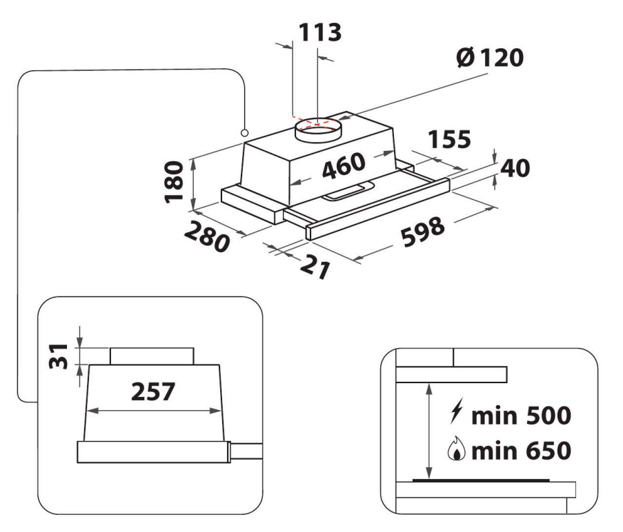 Konyhai páraelszívó méreteit ábrázoló diagram, részletekkel és milliméterben megadott méretekkel.