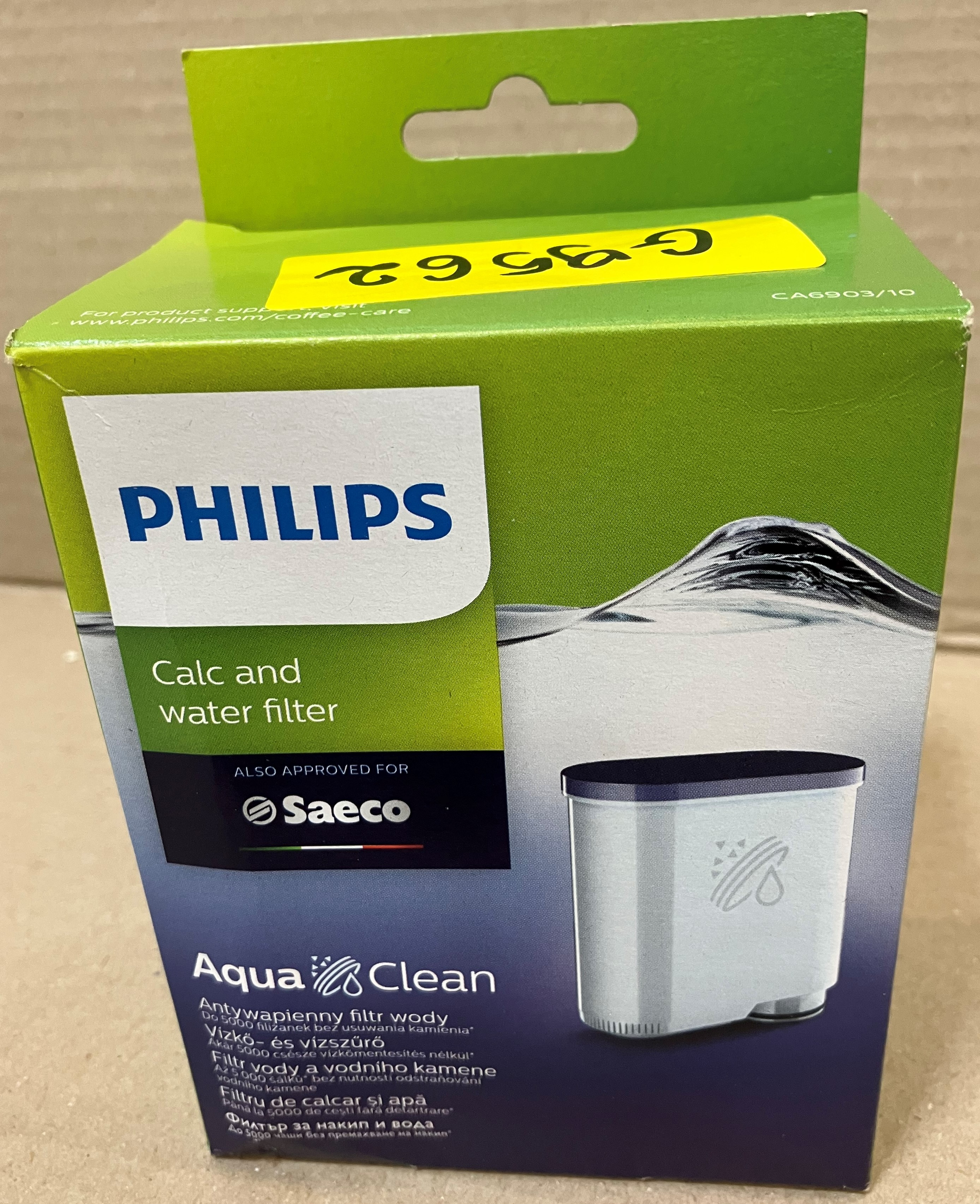 Pudełko filtra wody Philips AquaClean, zielono-białe, z widocznym filtrem.