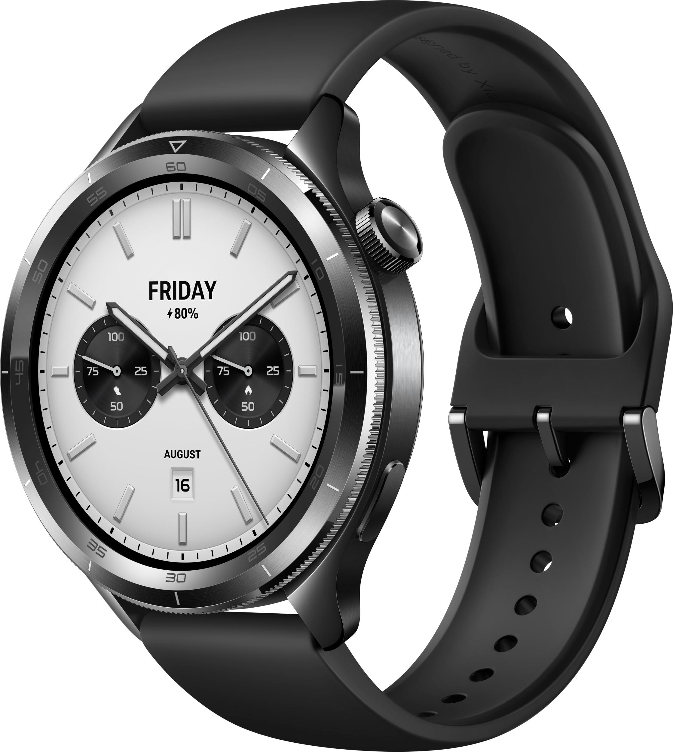 Eine schwarze Smartwatch. Das Zifferblatt ist weiß und zeigt Uhrzeit und Datum an.