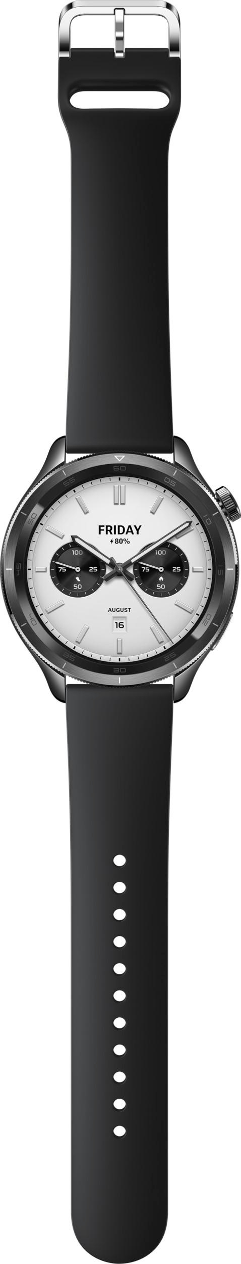 Schwarze Uhr mit silbernem Rahmen und schwarzem Armband. Das Zifferblatt ist weiß mit zwei kleinen Zifferblättern.