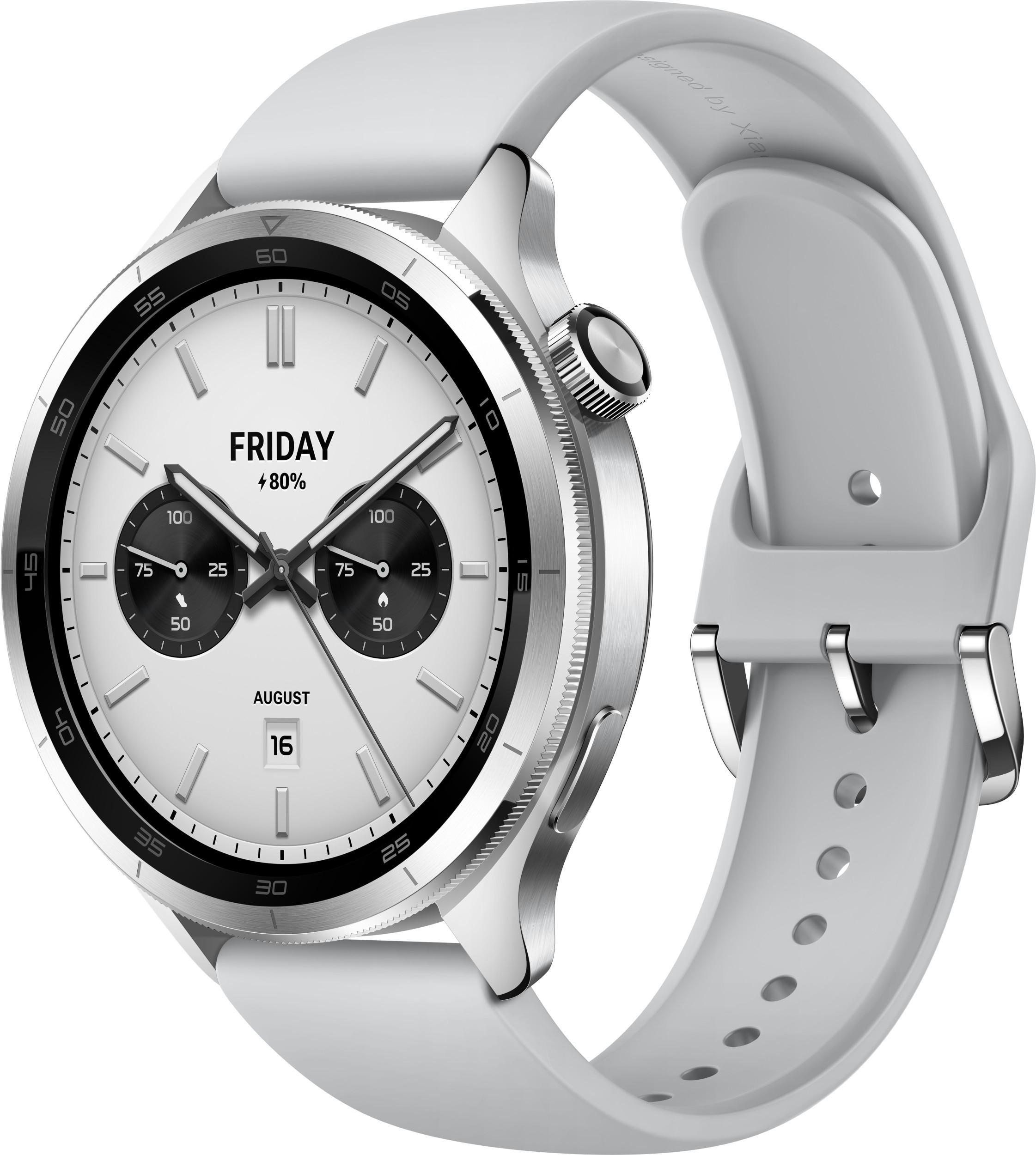 Eine Smartwatch mit weißem Zifferblatt und hellgrauem Armband, zeigt Freitag, 16. August.