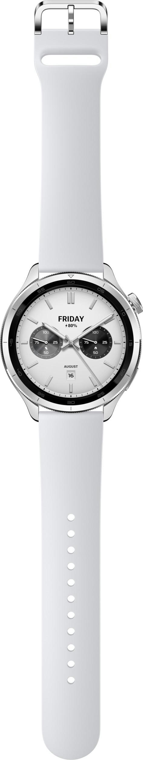 Silber-weiße Smartwatch mit weißem Armband. Sie hat einen kreisförmigen Bildschirm.