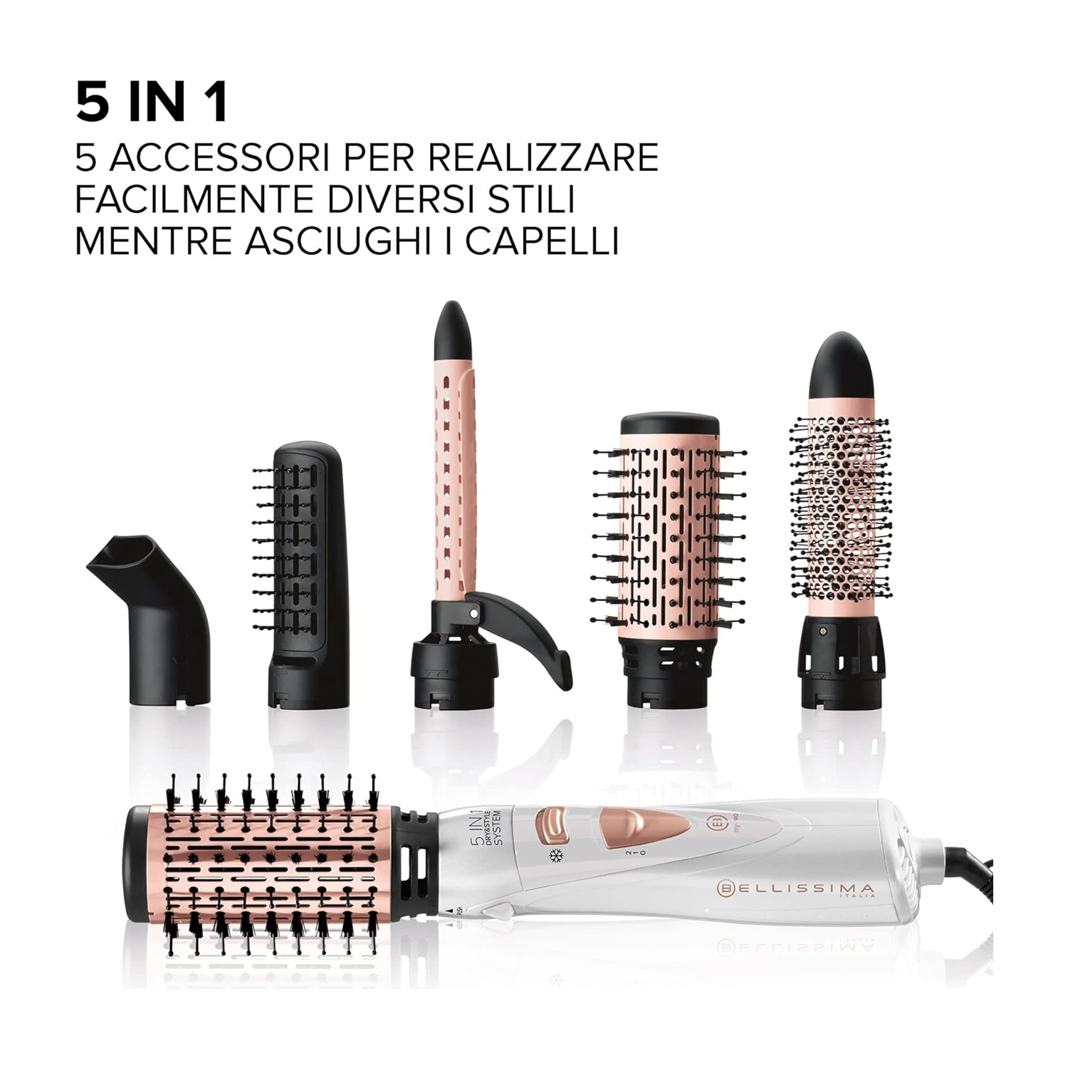Un'arricciacapelli bianco e oro rosa con accessori multipli.