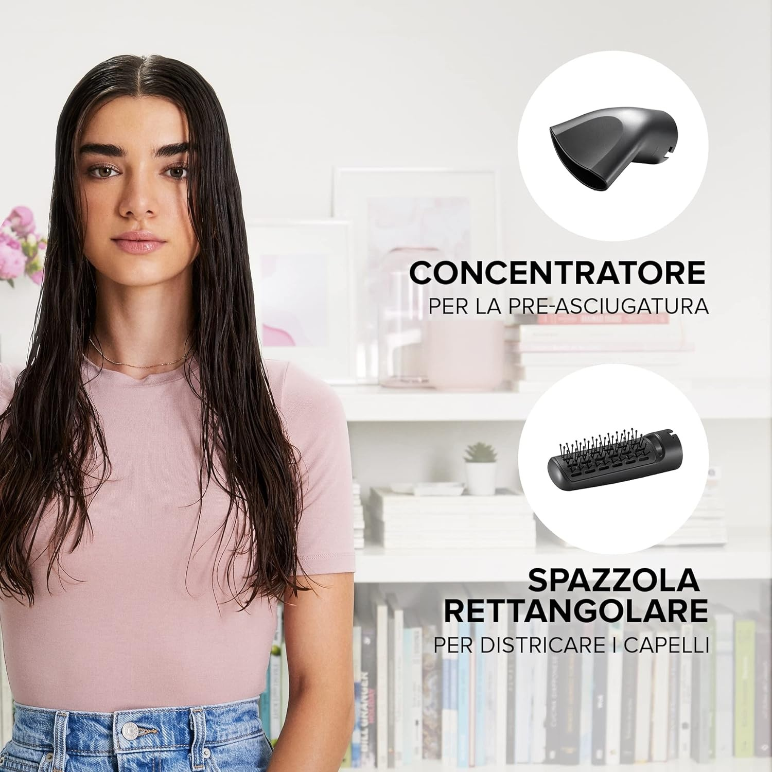 Donna con capelli bagnati, strumenti per lo styling e testo in italiano.