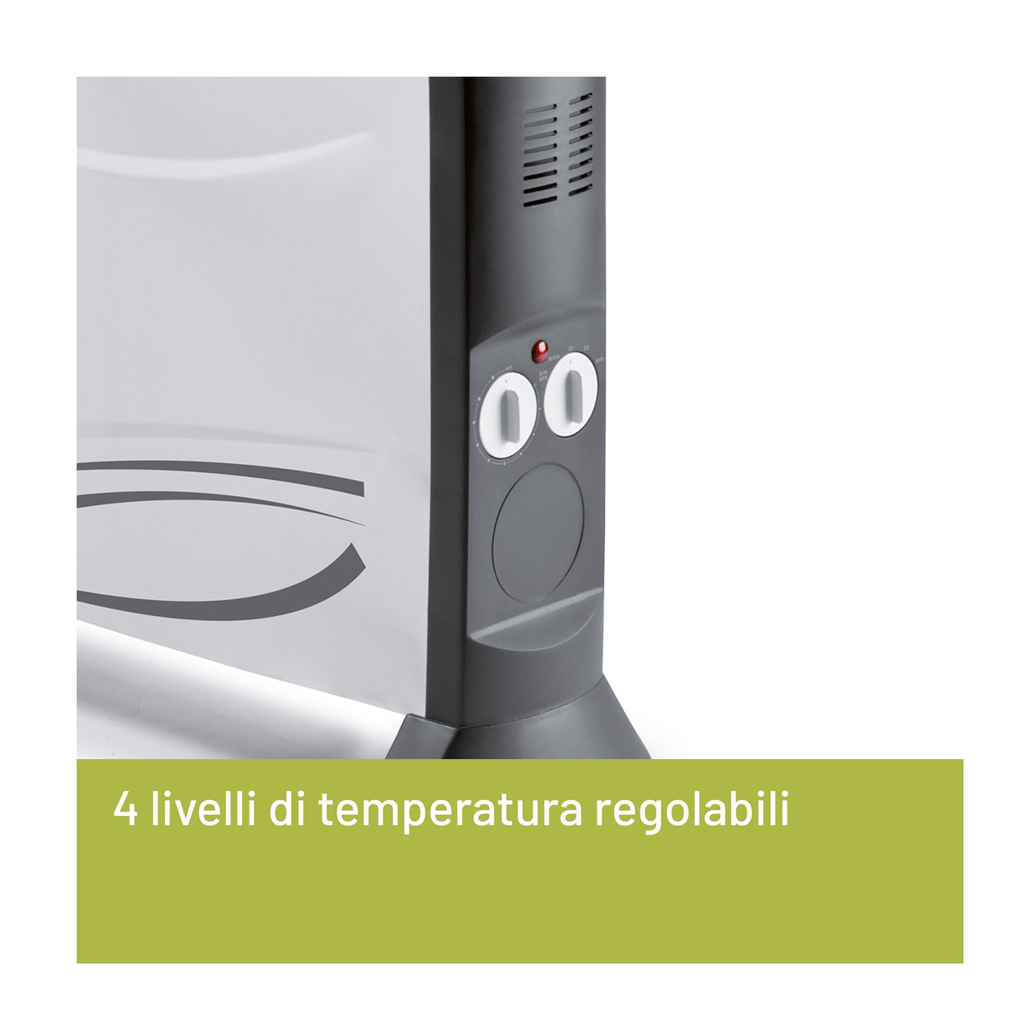 Un termoventilatore bianco e grigio con una barra verde in basso con testo. Dice 4 livelli di temperatura.
