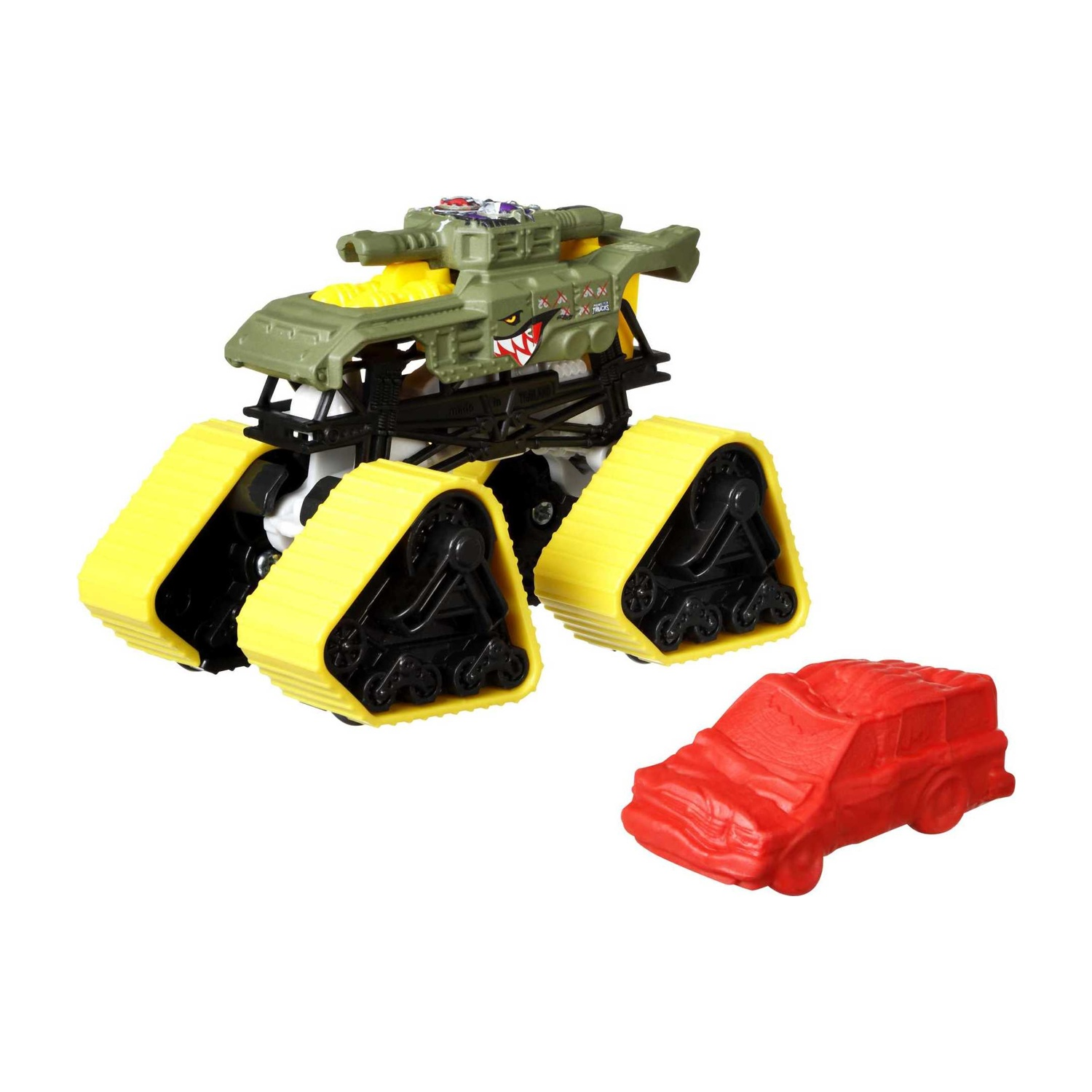 Un camion mostro giocattolo giallo e verde con un'auto rossa.